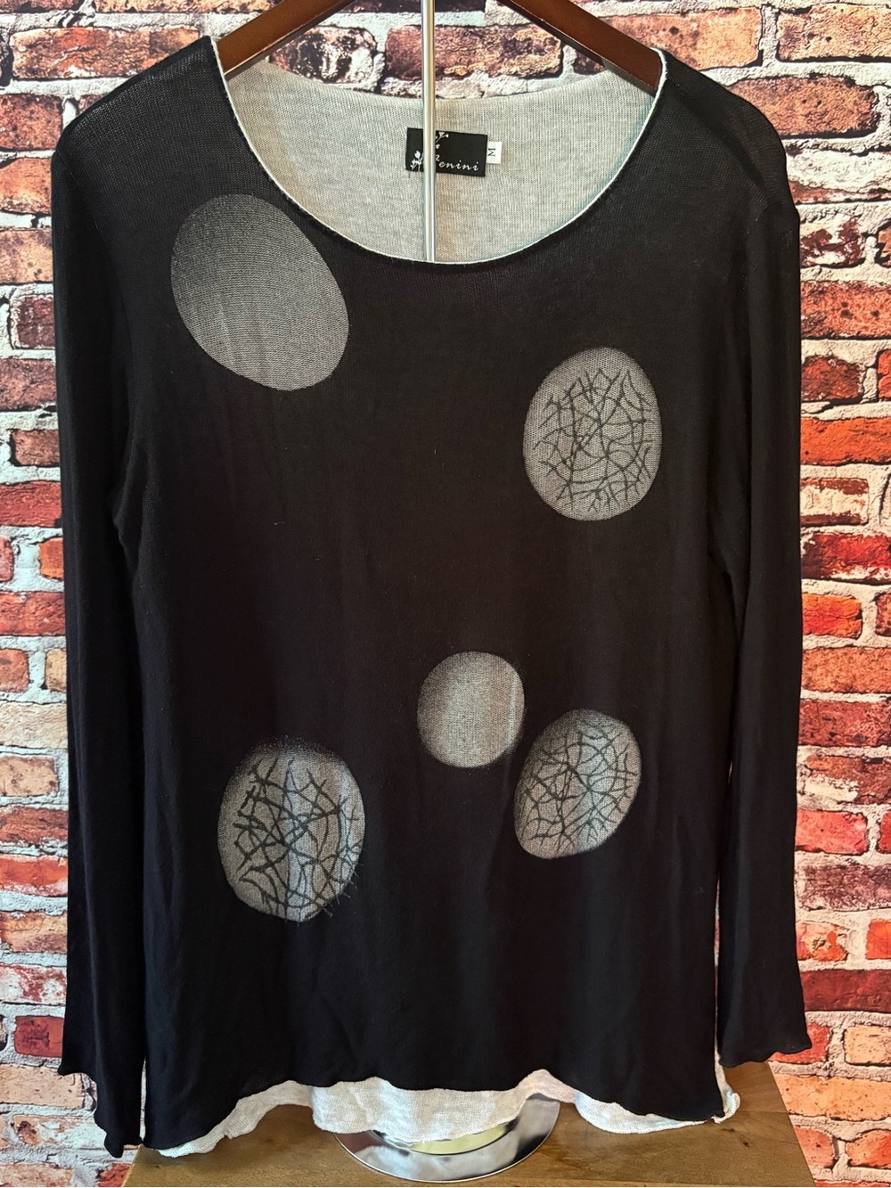 DONNI Black Crewneck Sweater with Gray Circular Accents
